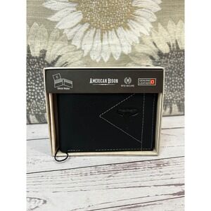 American Bison Mens Black‎ Leather Bifold Wallet RFID Secure Genuine Leather